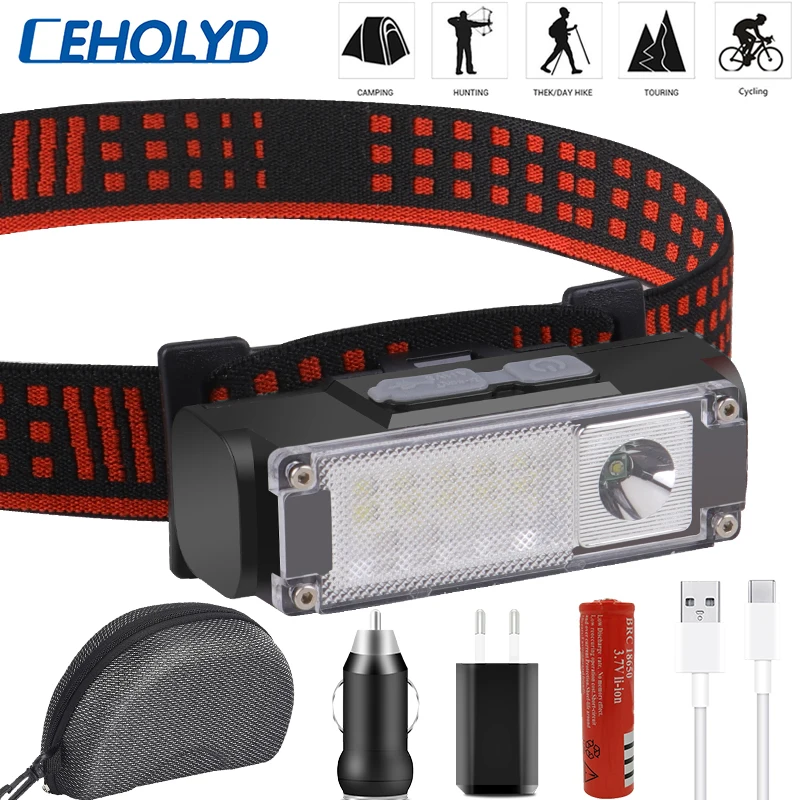 CEHOLYD LED Headlamp Outdoor Headlights Camping Portable Mini XPE Head Flashlight Type-C USB Charging Fishing Light for 18650