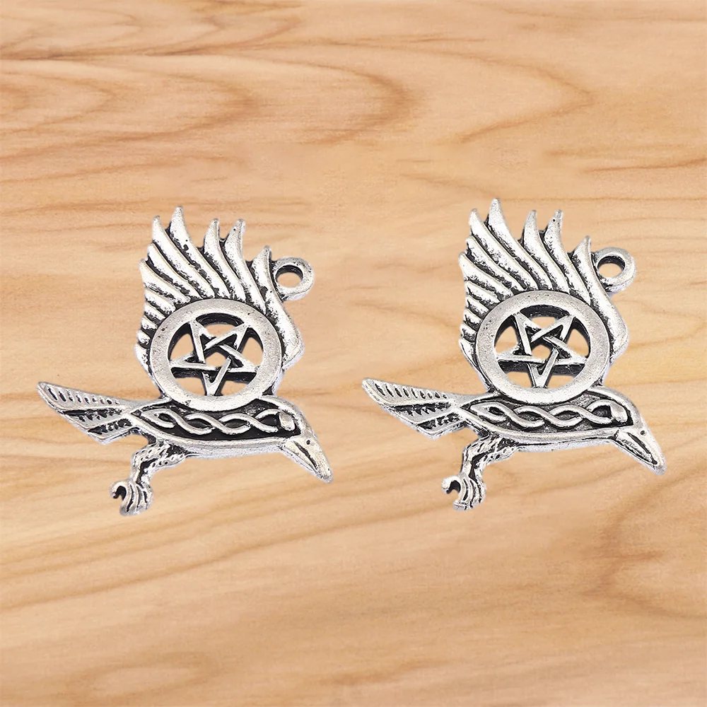 10 Pieces Antique Silver Color Viking Pentacle Round Bird Raven Crow Charms Pendants For DIY Necklace Jewelry Making Accessories