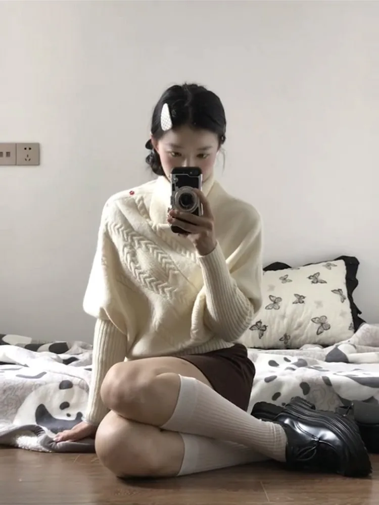 Suéter de Punto ueso de Cuello Alto Estilo Coreano para Mujer, Moda Otoño Invierno, Ajuste Hoado, Estilo Juvenil