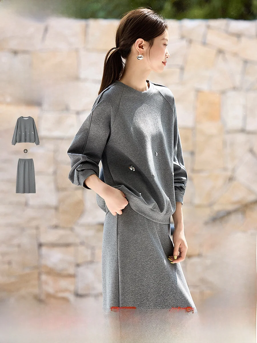 

Meha Meiyue, свободный повседневный свободный комплект из двух предметов, осенний свитшот с объемными вставками и юбкой, женский комплект...