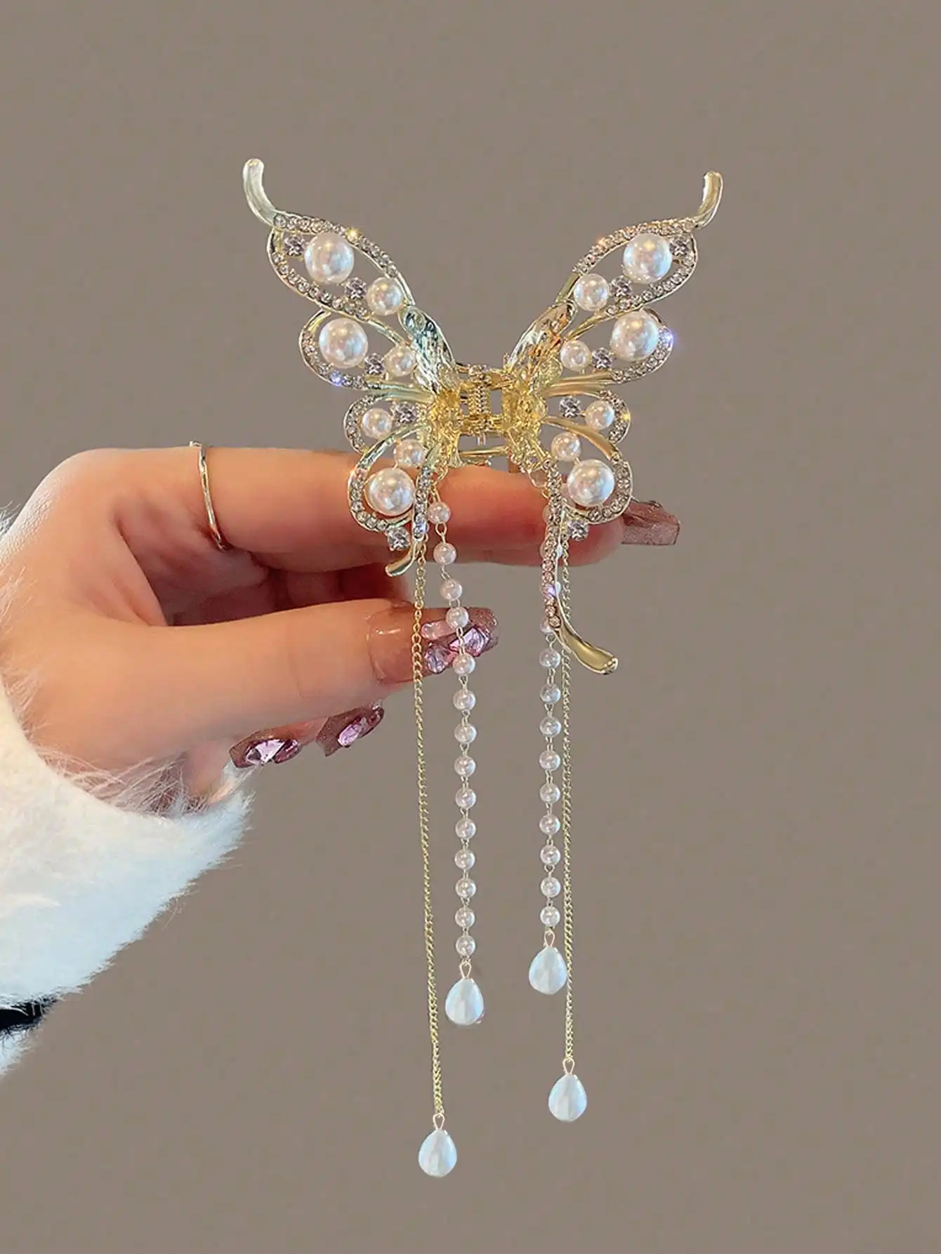 1 قطعة مخالب شعر على شكل فراشة كريستالية رائعة من اللؤلؤ الاصطناعي للنساء والفتيات وإكسسوارات الشعر للحفلات #4