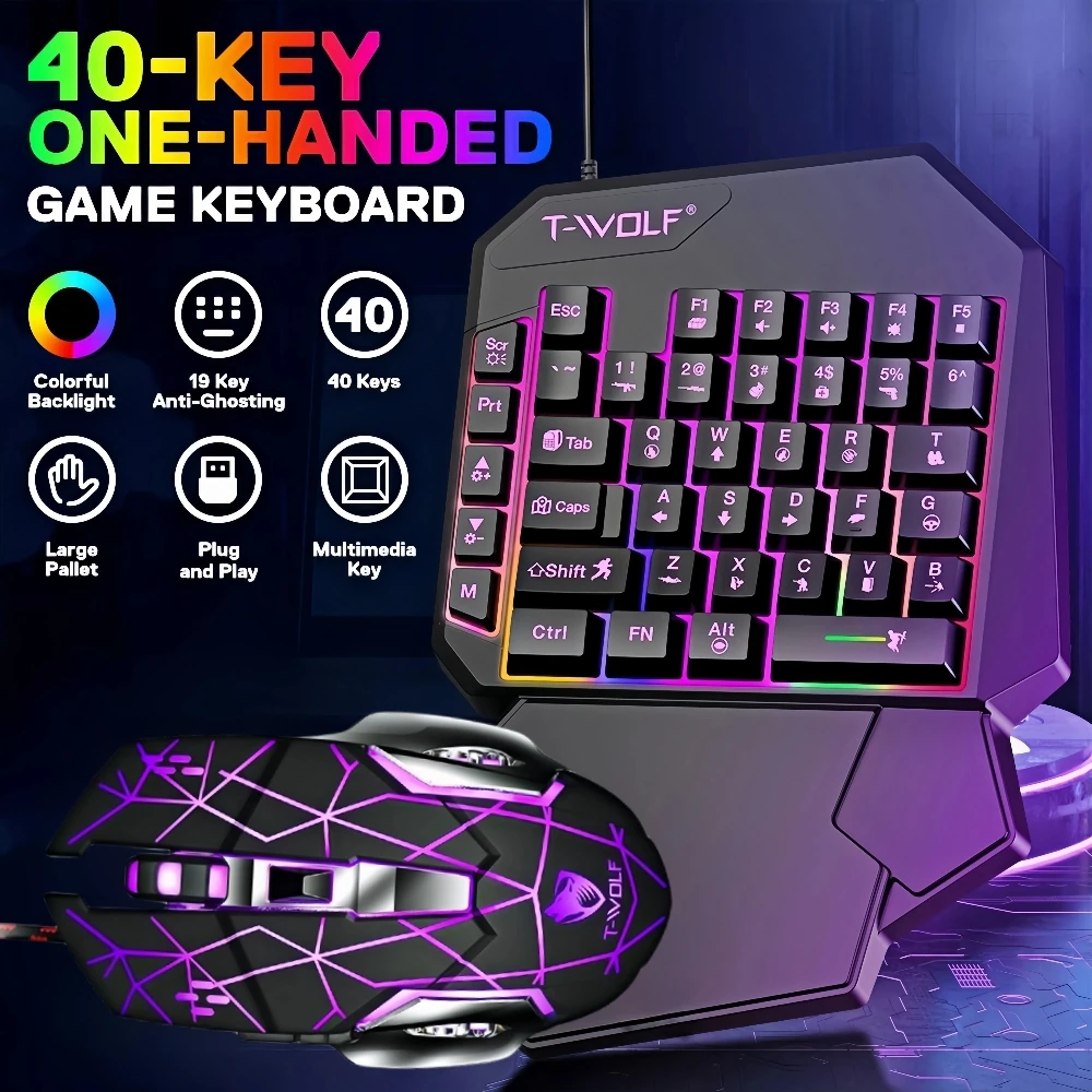 40keys Gaming Keyboard Set One Hand Keyboard Mouse Converter Usb Wired Backlight Keyboard for Laptop Desktop PC Smartphone