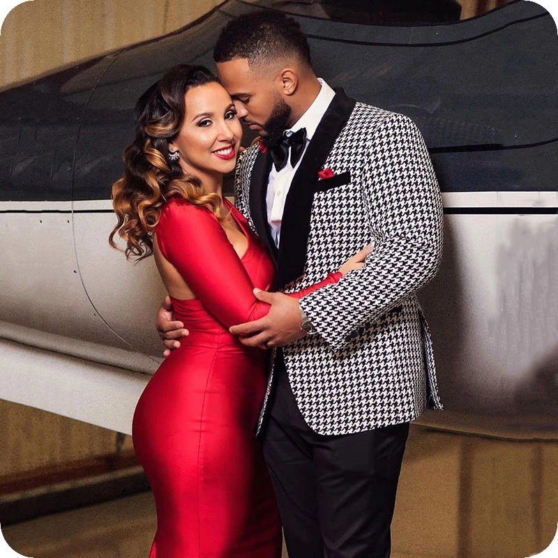 

Fashion Men Suits Houndstooth and Black Groom Tuxedos Shawl Velvet Lapel Groomsmen Wedding Bridegroom ( Jacket+Pants+Vest)
