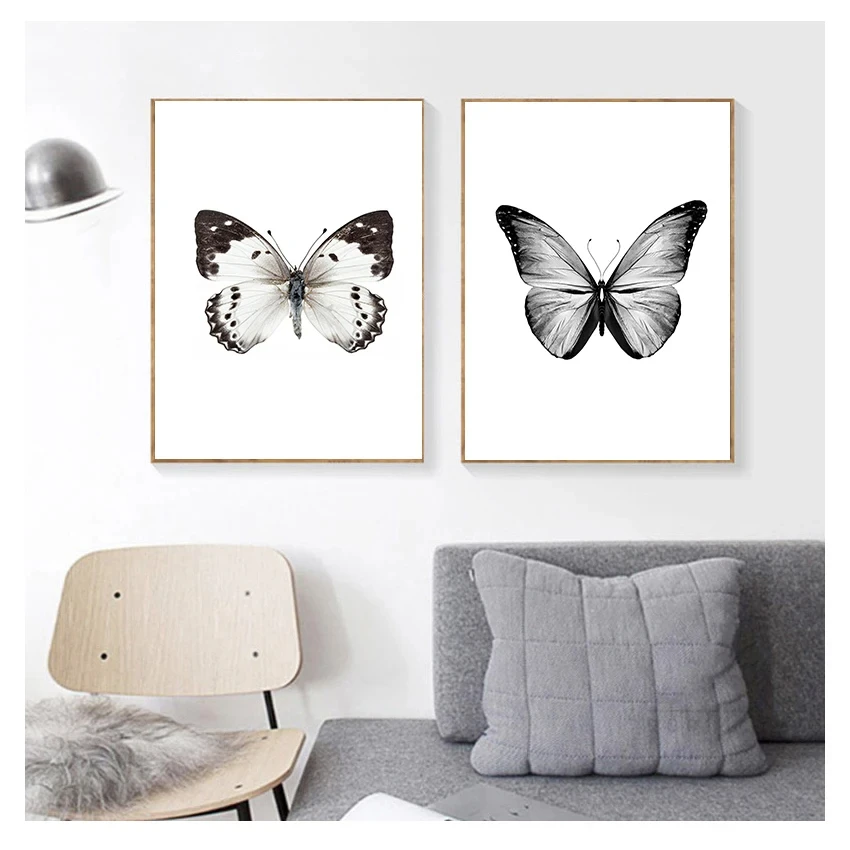 Плакат в скандинавском стиле с черно-белыми бабочками, Картина на холсте, искусство для современной гостиной, Декор, настенный художественный принт, Unfram