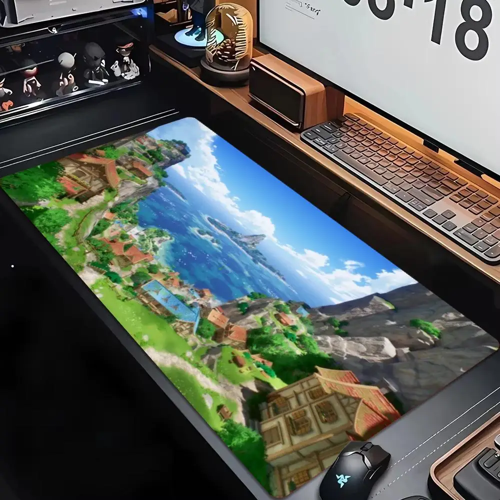 XXL Gaming Mouse Pad Voxel Island Zelda Coastal Town Sci Fi Cliff Landscape Non Slip Desk Mat For PC Keyboard Gaming Decor view 3