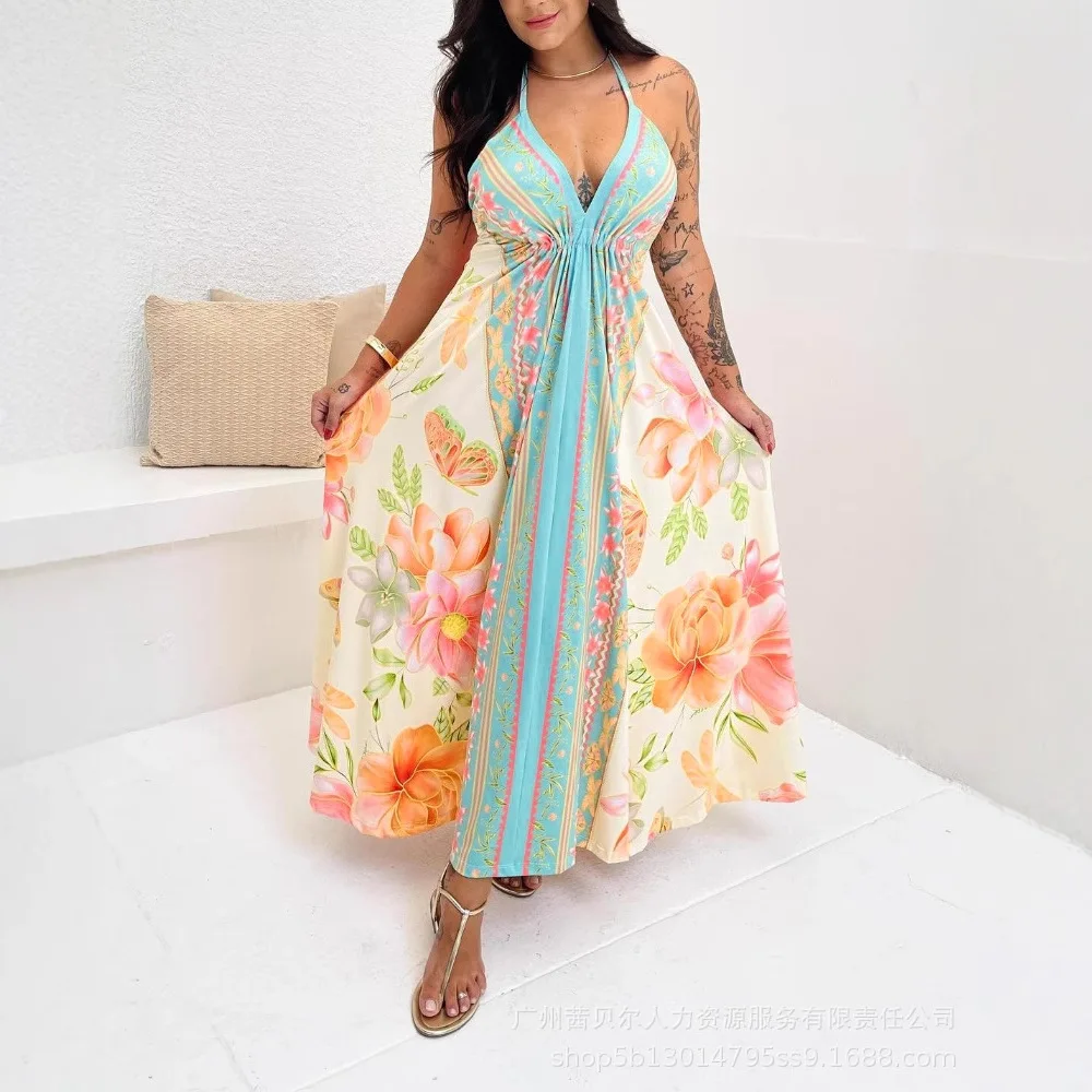 V-neck Sexy Beach Dress Women Summer Back Hollow Bacless Vacation Long Dress Sleeveless Spaghetti Strap Camis Sexy Dress