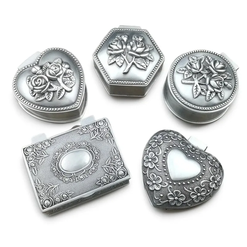 Small Size Retro Metal Jewelry Box Vintage Flower Carved Home Decor Trinket Case Ring Bracelet Pendant Storage Beads Organizer