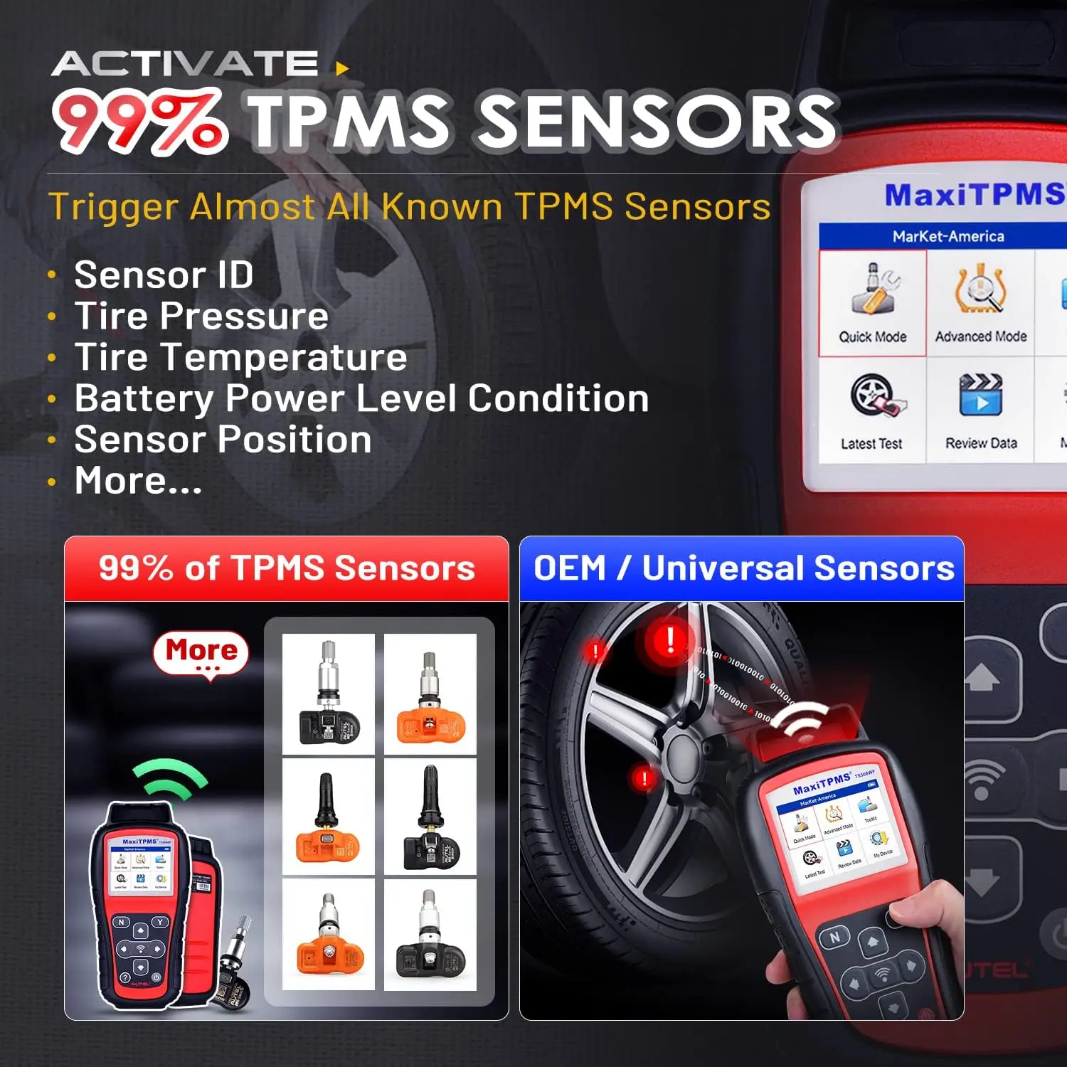 เครื่องมือเรียนรู้ TS508WF TPMS เปิดใช้งาน/เรียนรู้เซ็นเซอร์ทั้งหมดเป็น TS601ใหม่โปรแกรม MX-SENSORS (315/433MHz), TPMS รีเซ็ต/วินิจฉัย