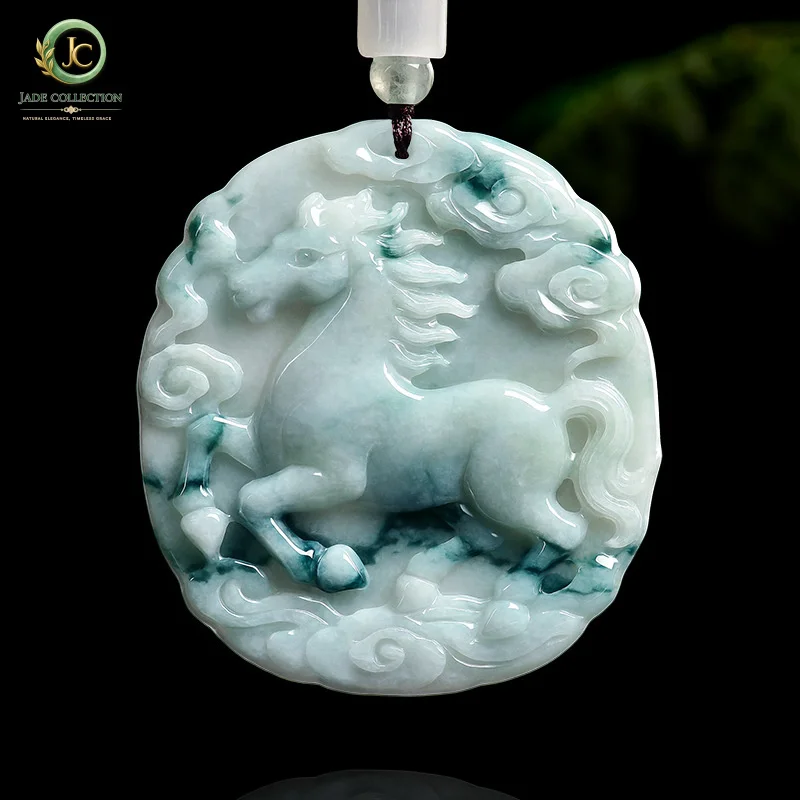 Natural MyanmarAJadeite pendant with floral patterns, auspicious cloud design, zodiac sign of the horse, waxy jadeite pendant fo