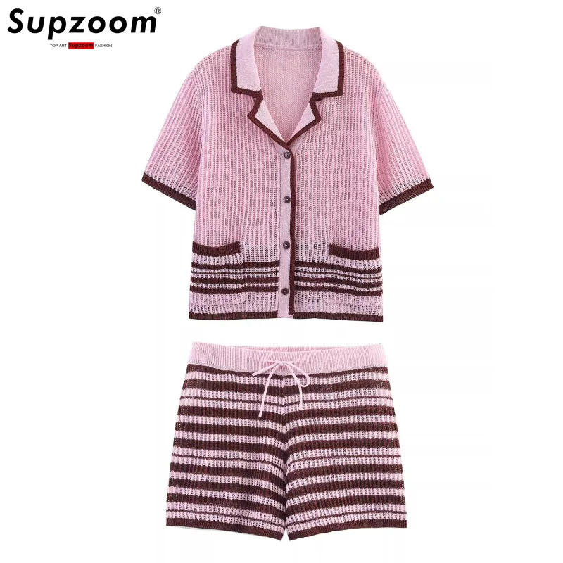 Supzoom 2026 Neuerscheinung Top-Mode Sommer Lässiges Gestreiftes Strick-Set mit Revers und Shorts