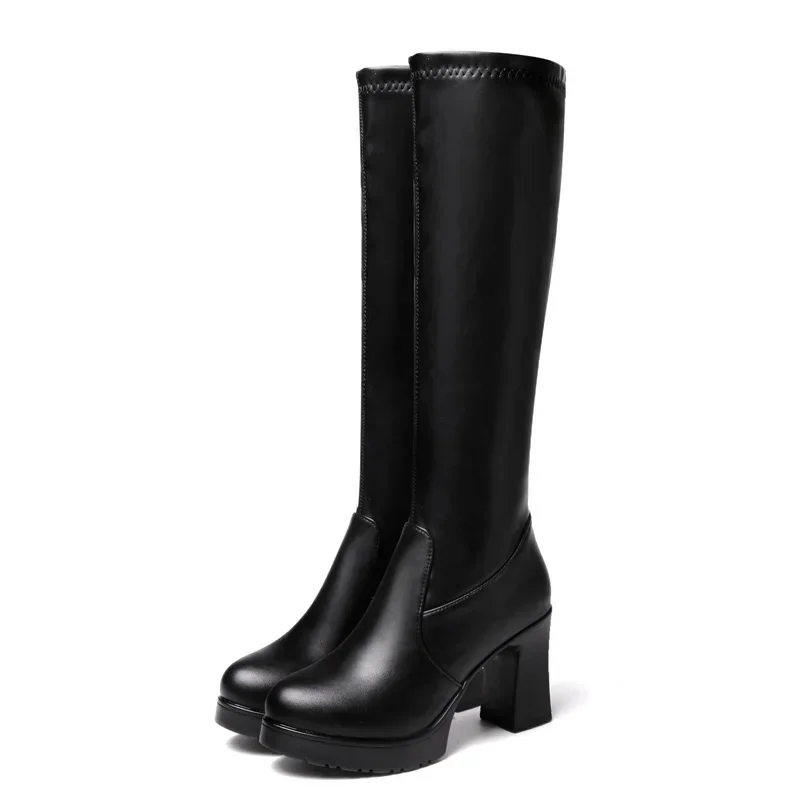 Botas de salto alto de joelho Chelsea para mulheres, sapatos casuais grossos, bombas altas para motocicletas, preto, zíper, moda, inverno, 2024