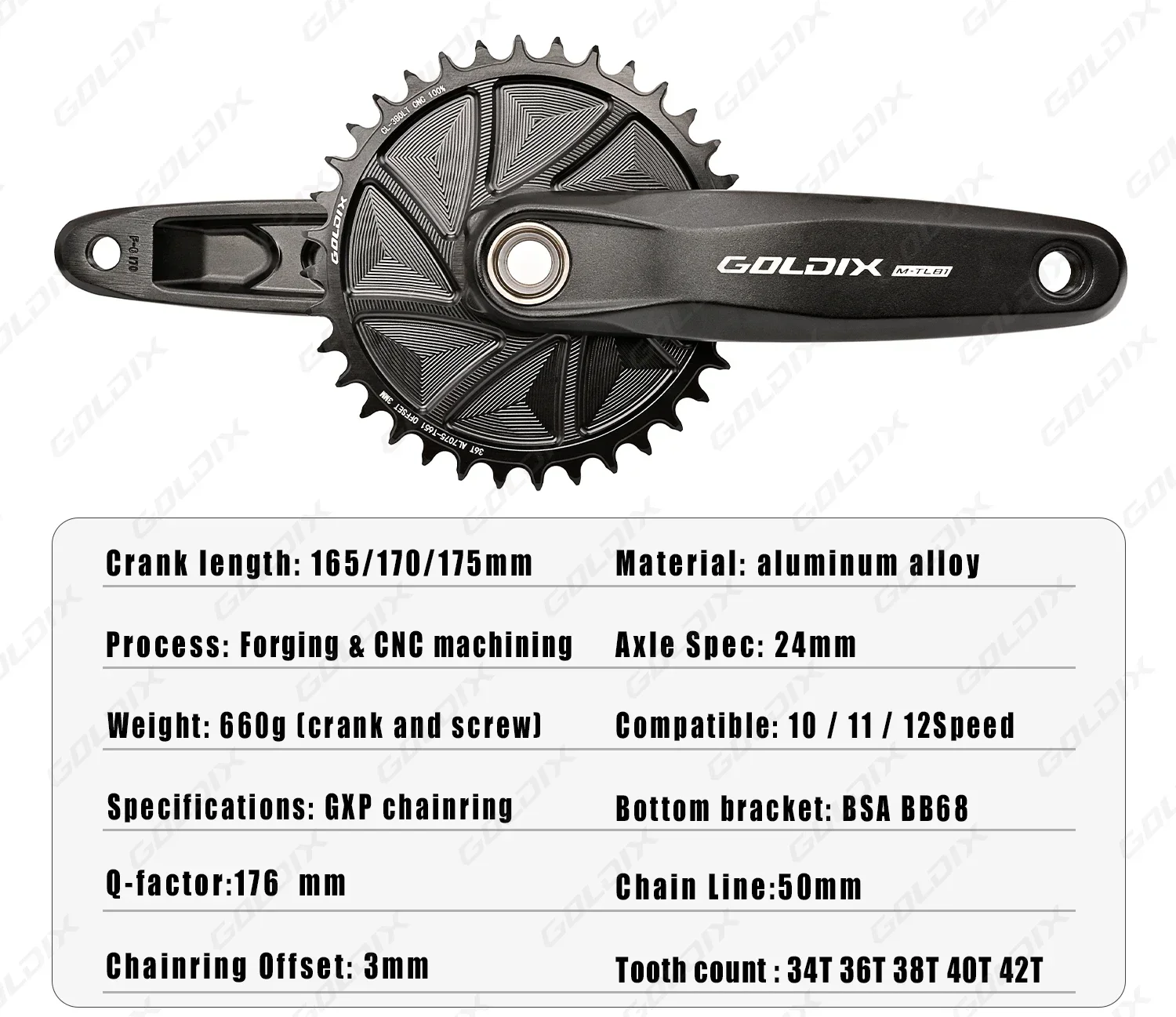 GOLDIX MTB XC Kurbelgarnitur Narrow Wide 3mm Offset AERO Kettenblatt 165/170/175mm Kurbellänge für 3-Bolzen-Direktmontage-Kurbel – Detail 3