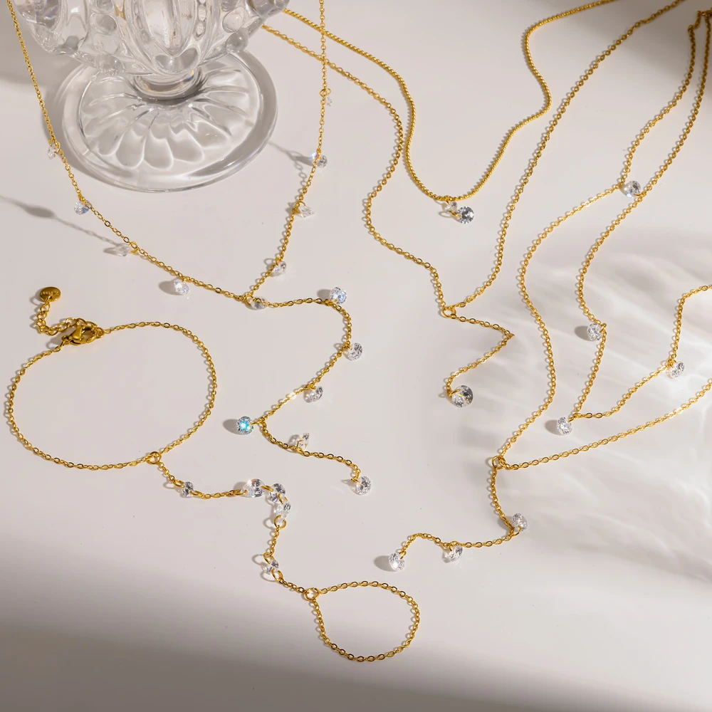 Damenmode 18K Vergoldete Edelstahl Mehrschichtige Lange Anhänger-Halskette mit Funkelnden Zirkonia-Steinen Gestapelter Schmuck Geschenk – Detail 2