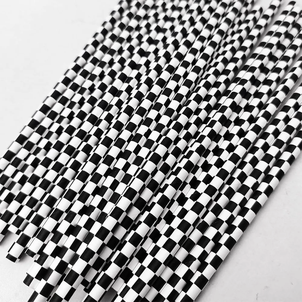 Black and White Checkered Racing Paper Straws Biodegradable Disposable Drinking Straws for Birthday Party Decorations 10-100pcs