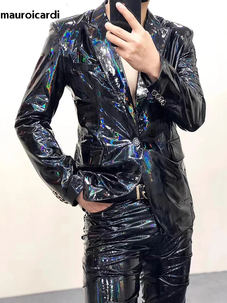 Mauroicardi Spring Autumn Cool Fitted Black Soft Shiny Reflective Patent Faux Leather Jacket Blazer Men Runway Fashion 2023