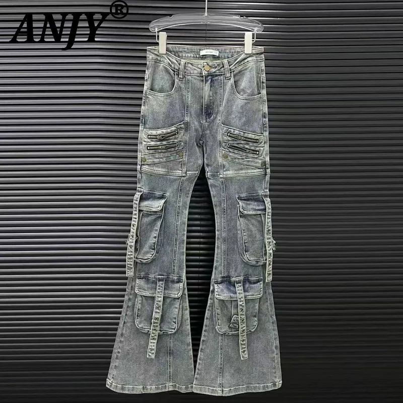 

ANJY Autumn New Women Trendy Cargo Jeans Multi Pocket Low Waist Washed Streetwear Punk Safari Style Ins Flared Denim Pants A9602