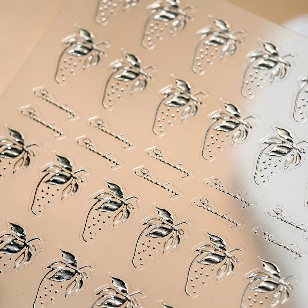 

Серебряный лист, прозрачная клубника, фрукты, милые 5D горячее тиснение, наклейка для дизайна ногтей, самоклеящиеся украшения, желейная наклейка для маникюра, сделай сам