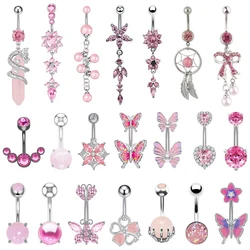 Pink Color Crystals CZs Belly Button Ring Heart Butterfly Flower Tassel Dangled Belly Piercing Nombril Body Navel Rings 14G Gift