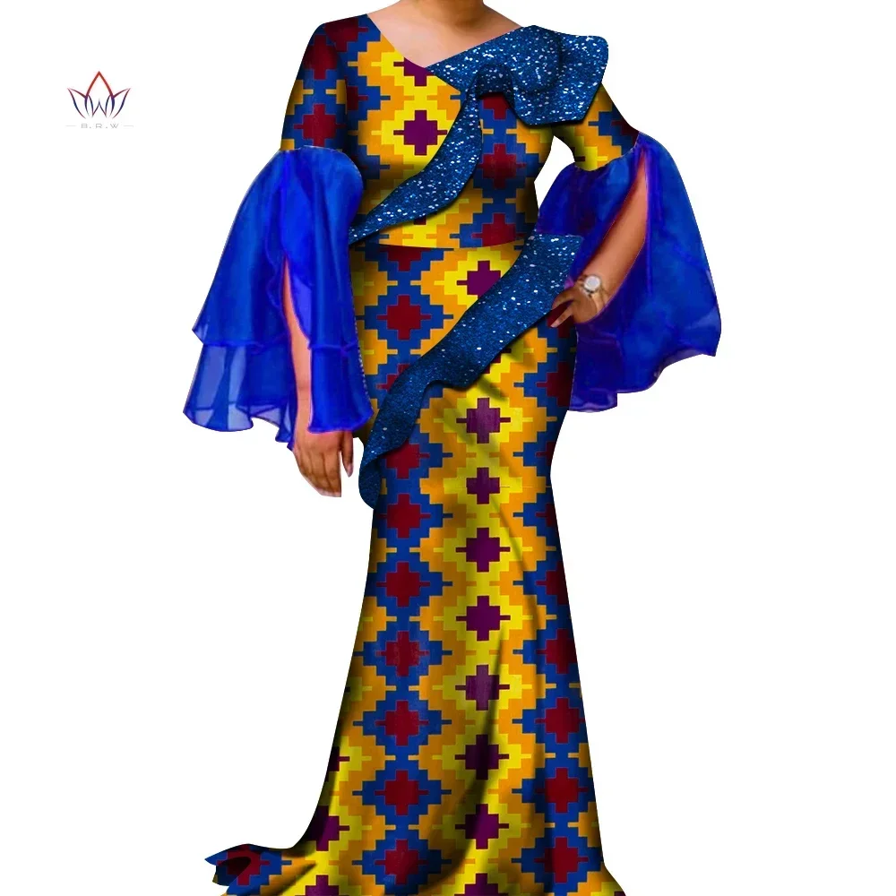 

Bintarealwax African Long Dresses for Women Dashiki Blue Gauze Sleeves Ankara Clothes Bazin Riche Plus Size Party Dress WY974