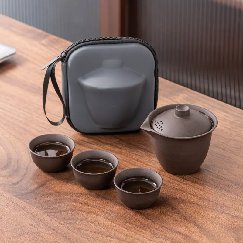

Travel Tea Set Kuaike Cup One Pot Three Cups Tea Pot Portable and Simple