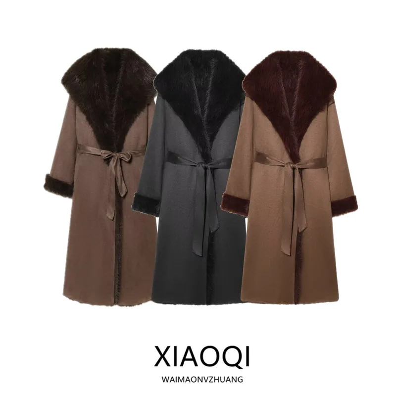 

Winter New Women's Long Coat Jaet Faux Fur Effect Belted Outerwear Thiened Long Sve Coat for Ladies without Hat