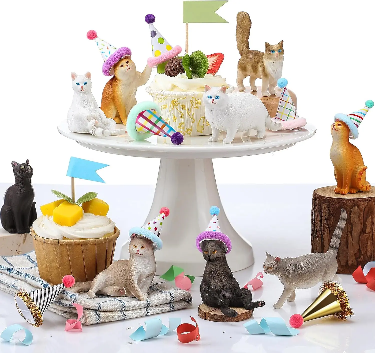 15 Stück Katzen-Kuchentopper-Figuren mit Hut für Geburtstagsfeier-Dekorationen