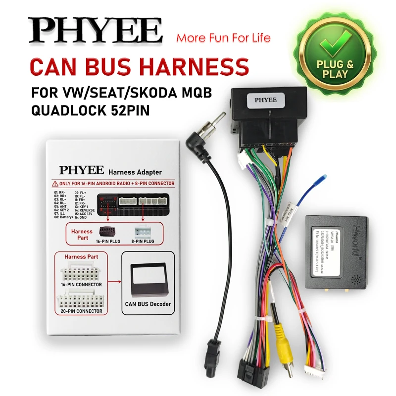 Harness with CAN Bus Decoder for VW MQB Golf 7/8 Passat B8 T-ROC Tiguan, Quadlock 52Pin, SWC, Plug & Play, 16Pin Android Adapter