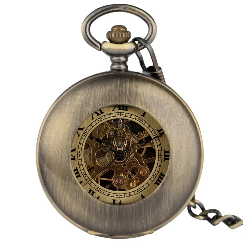 

Bronze Skeleton Hand Winding Mechanical Pocket Watch for Men Women Hollow-out Cover Design Roman Number Clock Pendant Chain