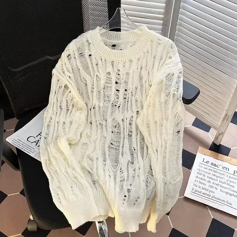 ربيع الخريف الرجال الكورية العصرية عادية تنوعا الجوف ممزق جولة الرقبة محبوك قميص سترة أعلى