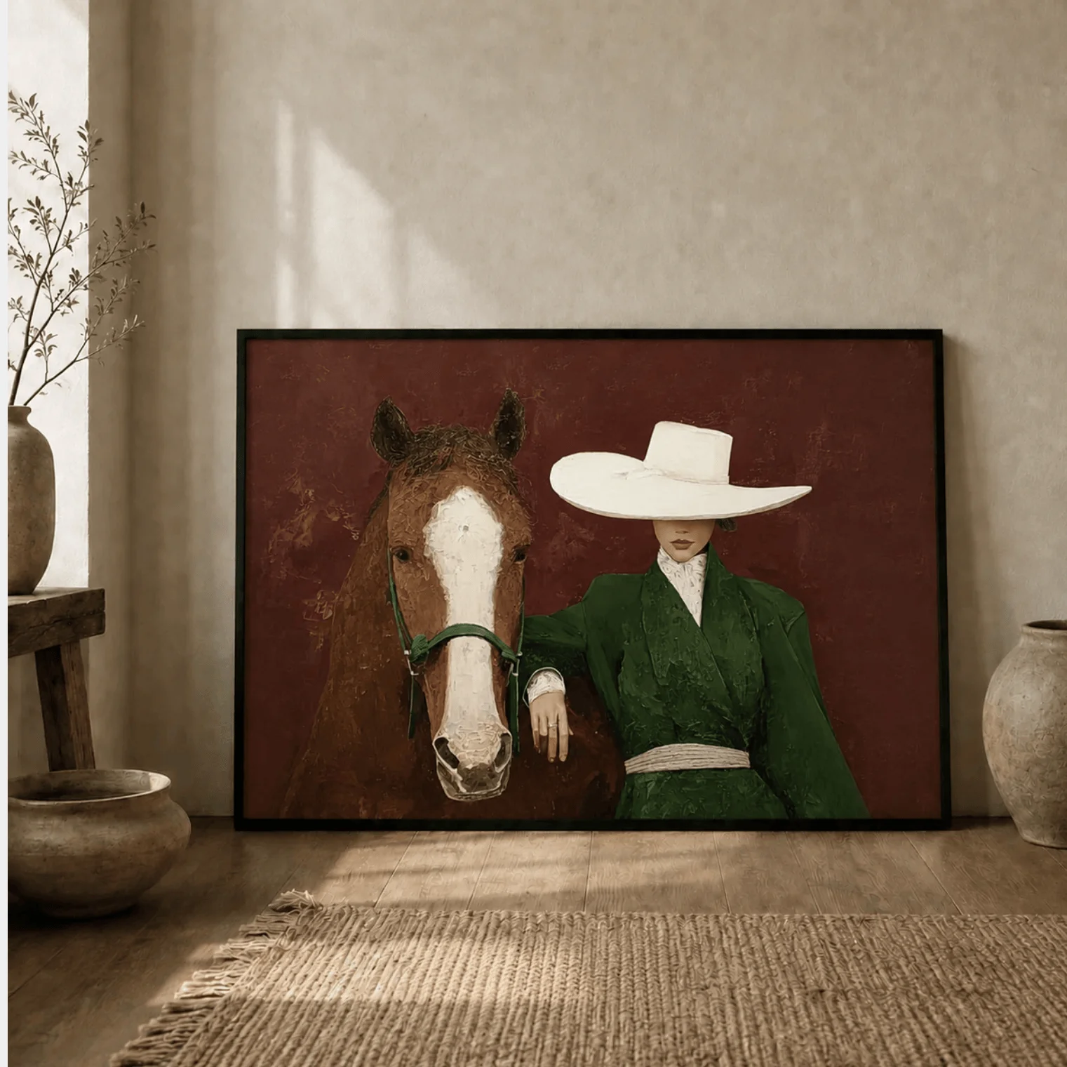 Abstract Western Woman & Horse Wall Art Canvas Prints, Cowgirl Portrait Posters, Earthy Decor for Living Room Bedroom Decor