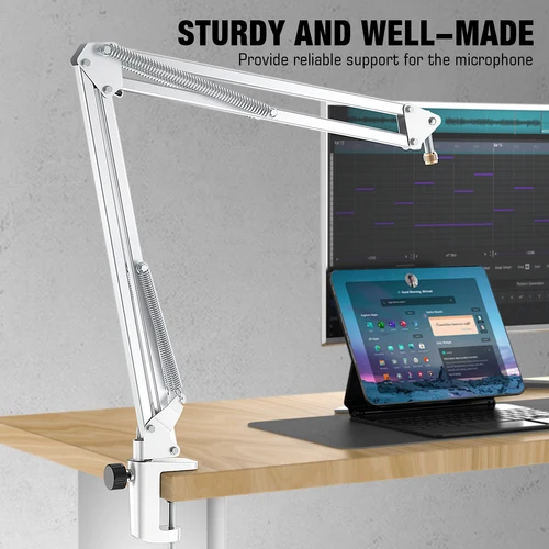 Imagen 2 del producto AmpliGame by FIFINE Soporte de micrófono de metal: soporte universal resistente compatible con configuración de estudio, streaming y podcast-CS1W blanco