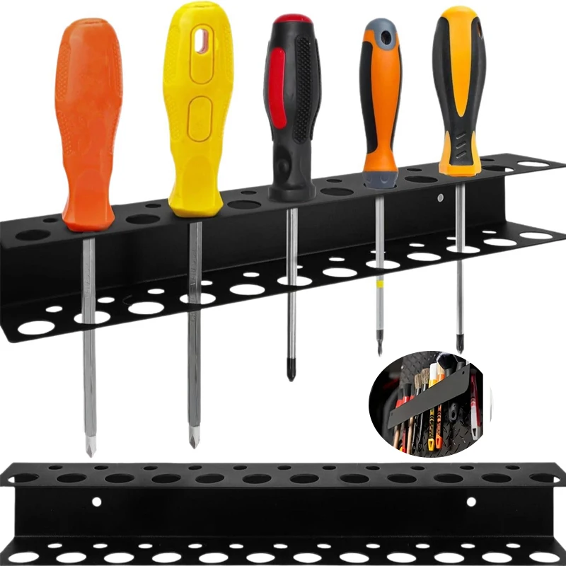 حامل مفك براغي، حامل ذو طيات فولاذية، حامل تخزين لتخزين الأدوات اليدوية على الحائط وتنظيم لورشة العمل في الطابق السفلي #1