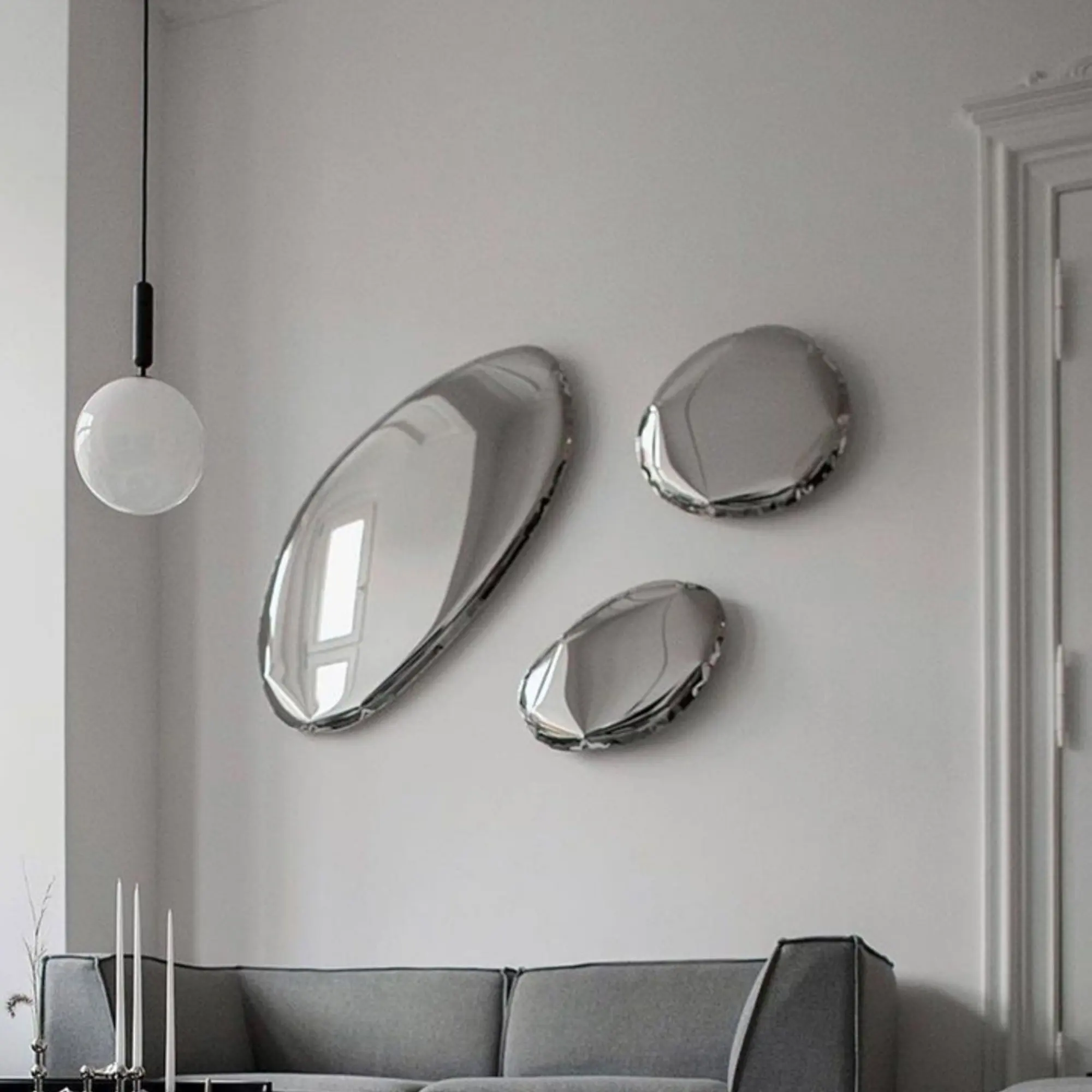 

Stainless Steel Mirror Wall Decorations Interior Design Stone Pebble Sculpture
