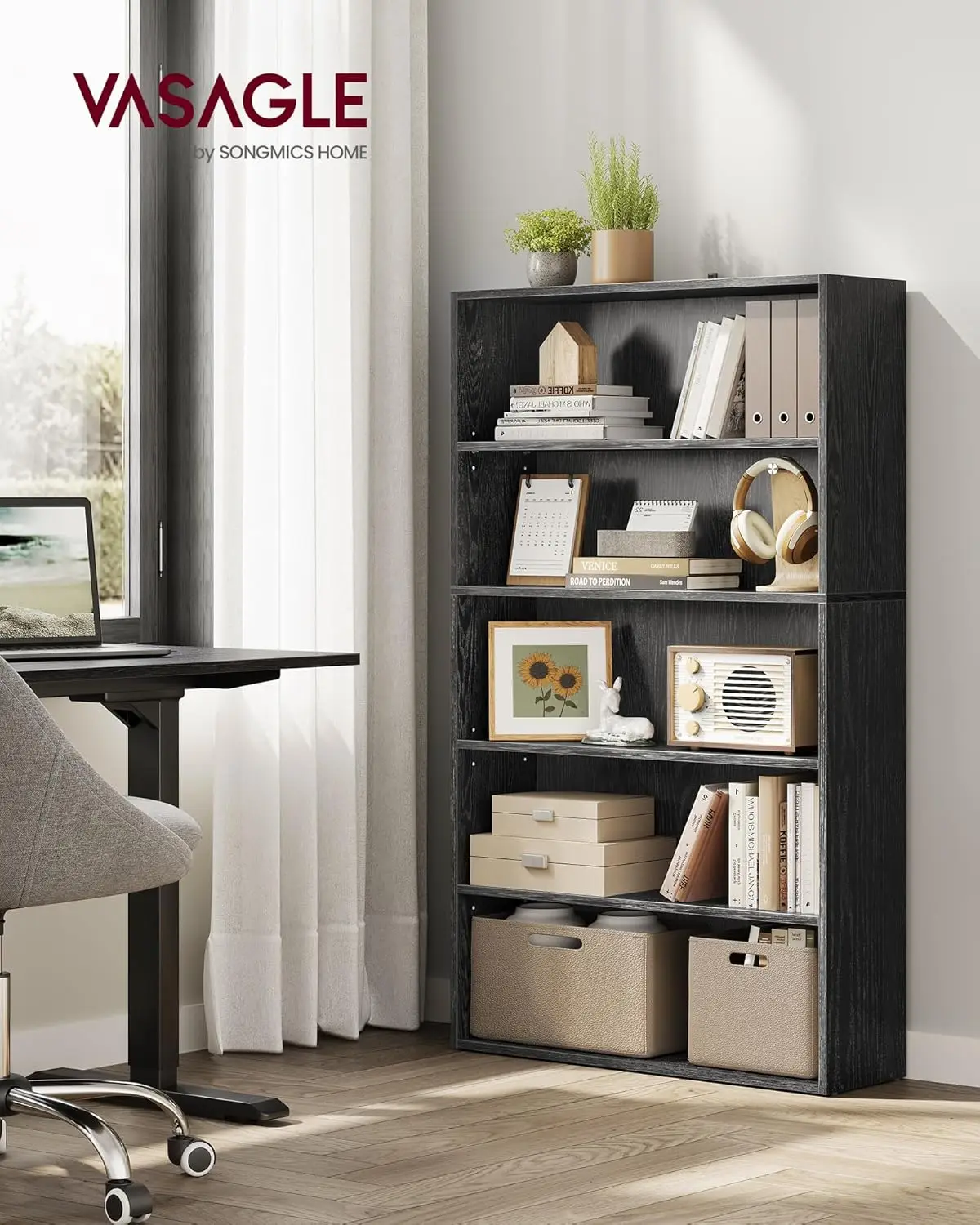 VASAGLE-Estante com Prateleiras de Armazenamento Ajustáveis, Estante Aberta, Ebony Black, Floor Standing Unit, 5 Tiers, 31,5 Polegadas de Largura