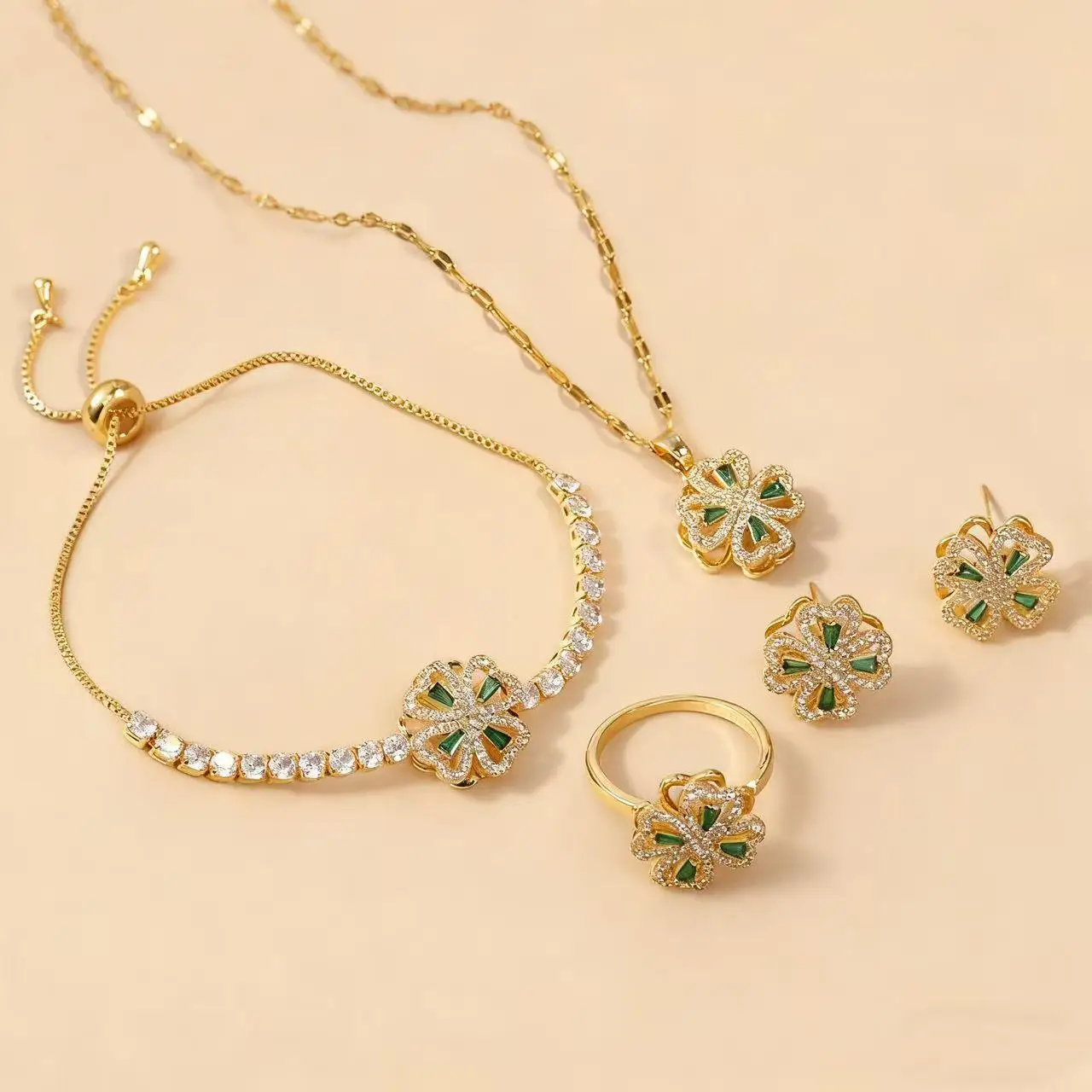5pcs Trendy Elegant Jewelry Set for Women Rotating Four Leaf Flower Necklace Classic Metal Choker Daily Casual Wear Earrings