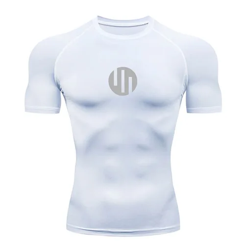 Imagen 1 del producto Camiseta para hombre, camiseta de compresión para Fitness, camiseta de manga corta de secado rápido para gimnasio, ropa deportiva transpirable blanca y negra con protección solar