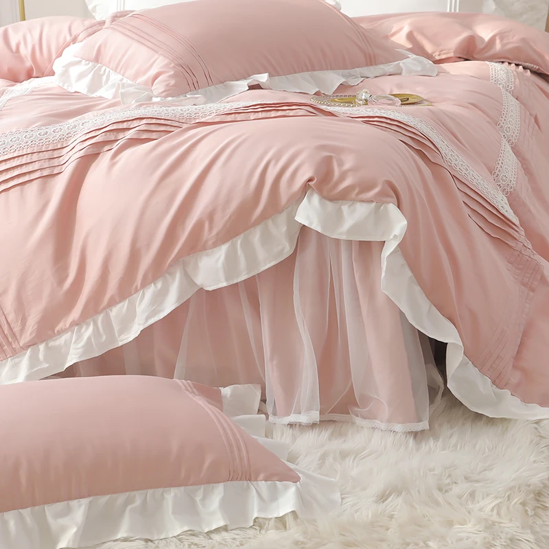 Pink Princess Lace Bedding Set Home Textile 4pcs Egyptian Cotton Ruffle Duvet Cover Bedspread Bed Skirt Pillowcase Solid Color