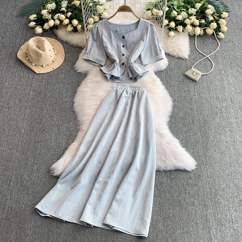 TWOTWINSTYLE Casual Solid Two Piece Sets For Women Square Collar Short Sleeve Top High Waist Skirt Elegant Set Female KSE544245TWOTWINSTYLE Casual Solid Two Piece Sets For Women Square Collar Short Sleeve Top High Waist Skirt Elegant Set Female KSE544245