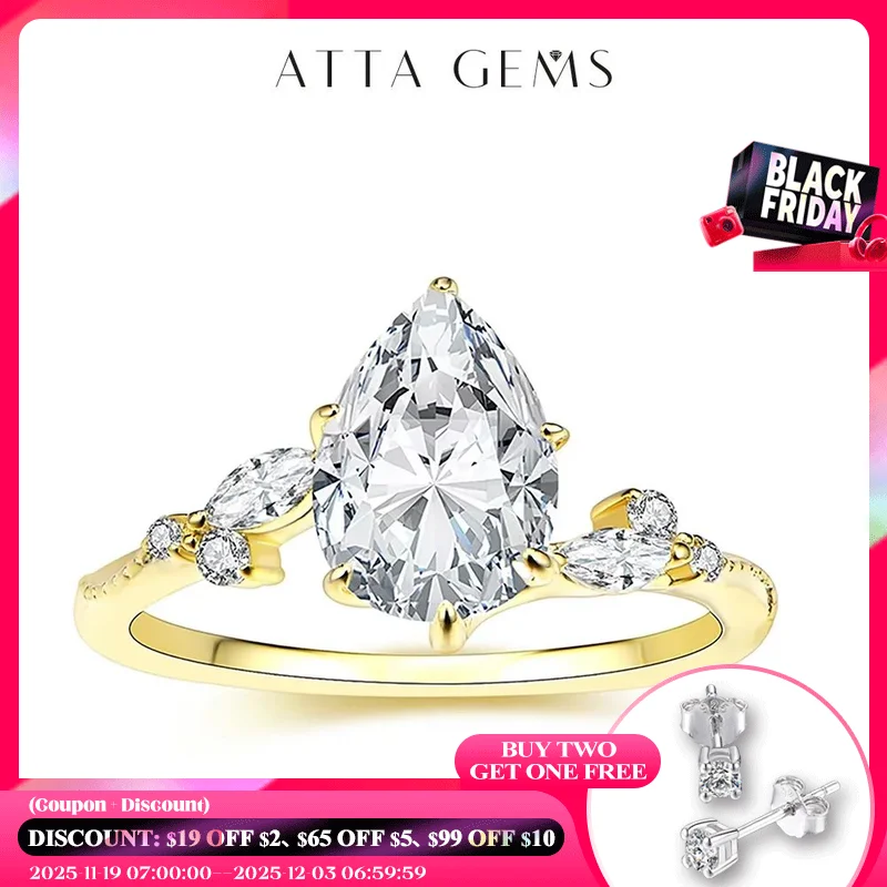 

ATTAGEMS 2CT Full Moissanite Rings DVVS1 Pear Cut Pure 10K 14K 18K Gold for Women Luxury Engagement Wedding Jewelry High Quality
