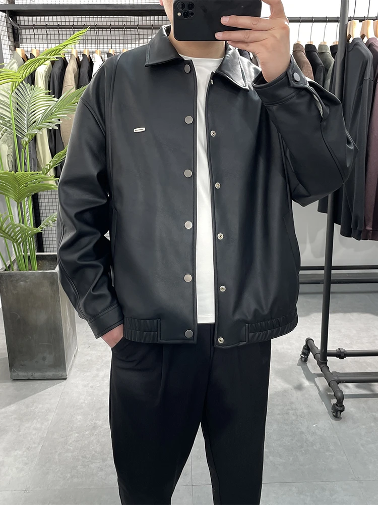 

Spring New Sle Luxury Retro Soft Leather Jaet Loose Casual Faion Urban Motorcycle Clothes Cool Collar Flip Jaet