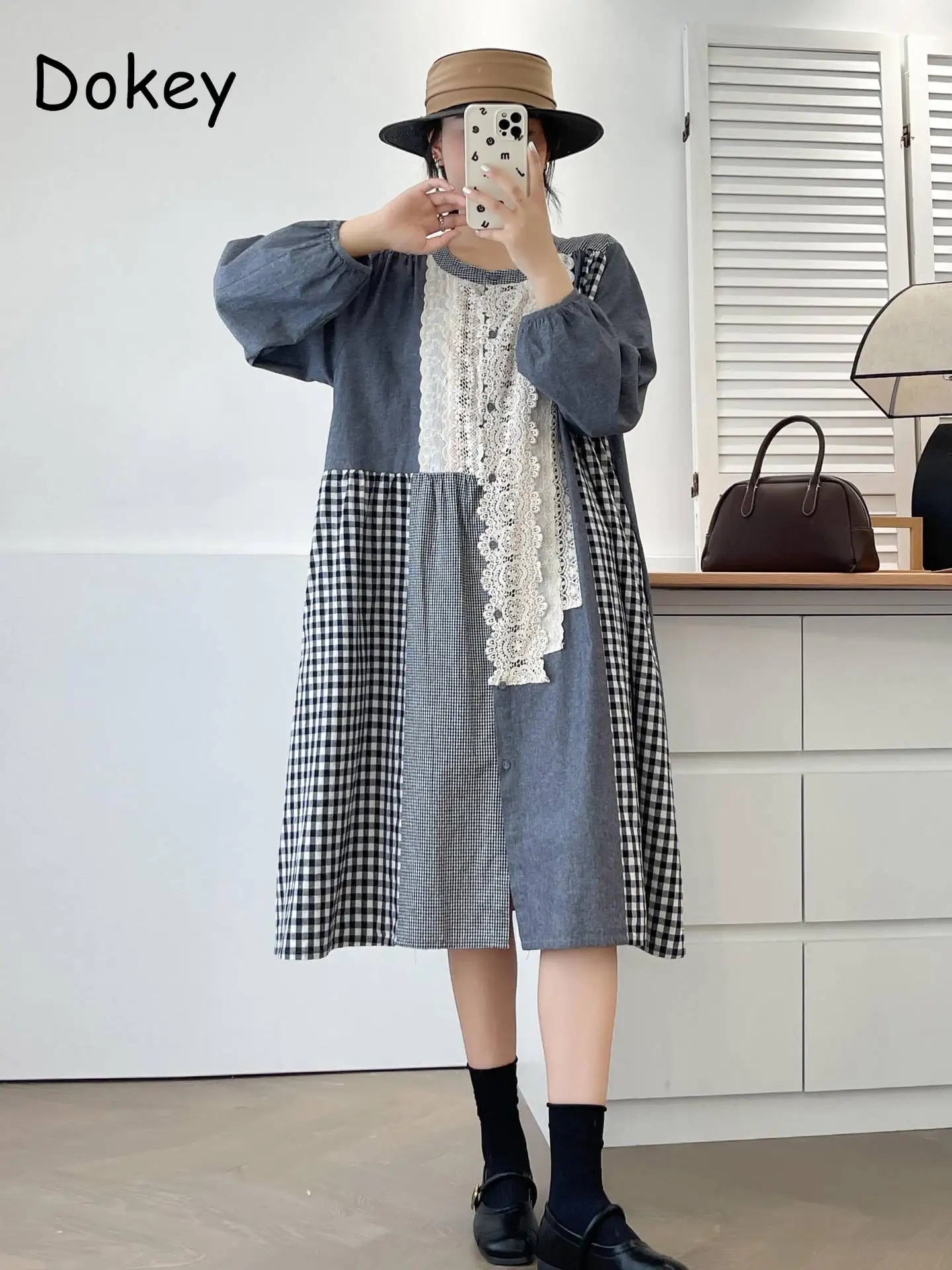 Mori Girl allentato Plaid Patchwork Dress donna autunno giapponese dolce o-collo Kawaii cotone lino vestito Casual manica lunga Maxi Robe