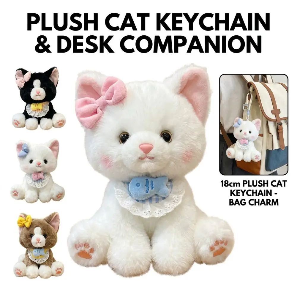 Cute Cat Shaped Pendant Doll Lace Bow Accent Stuffed Table Companion Doll Soft Cat For Children