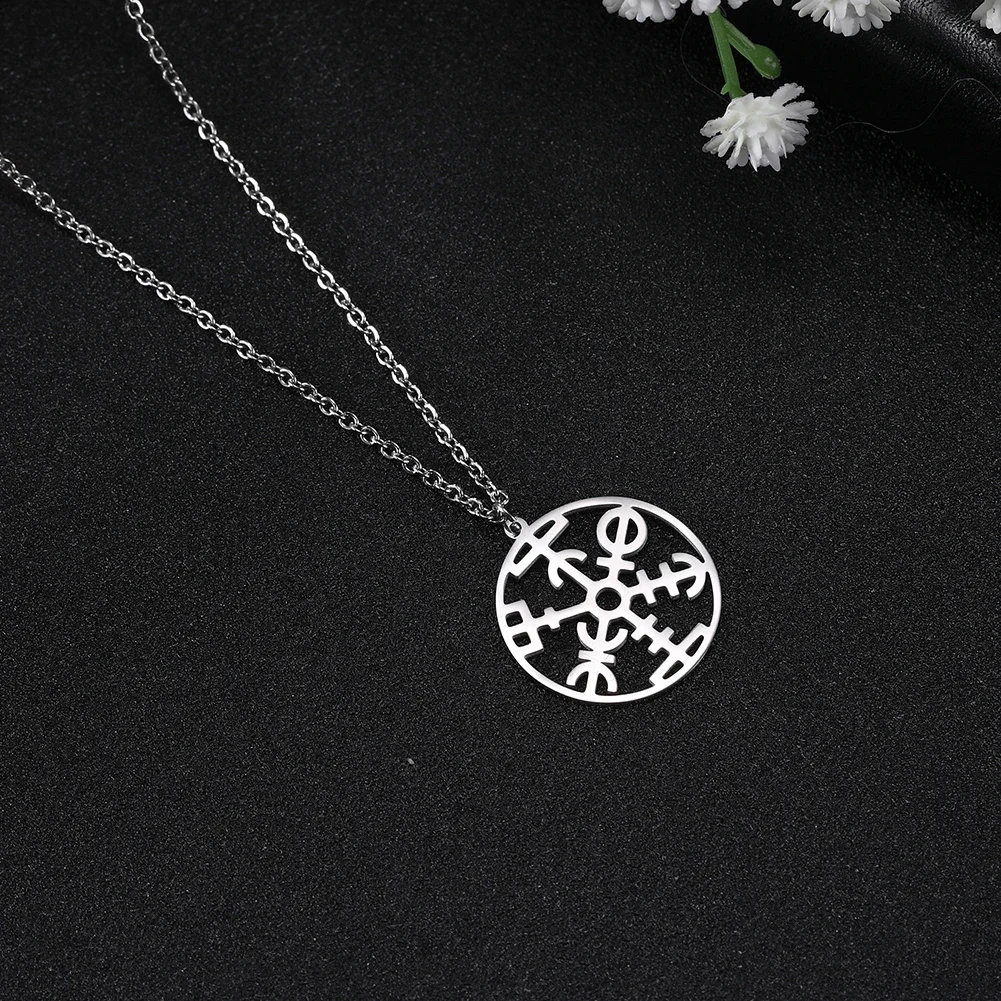 Skyrim Amulet Protection Pendant Necklace Women Stainless Steel Aegishjalmur Vegvisir Compass Flower of Life Neck Chains
