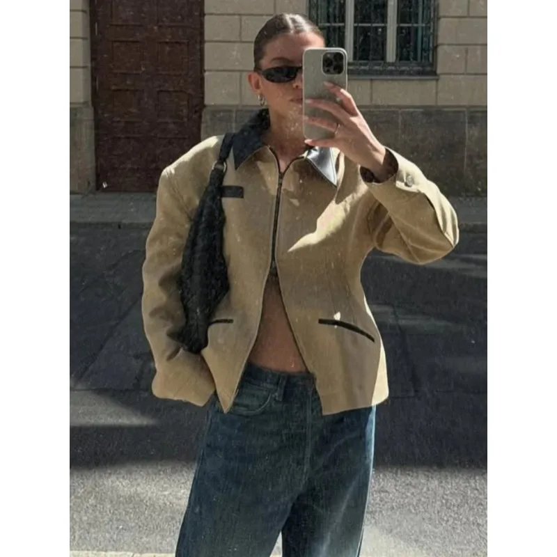 

Elegant Patchwork Top For Women Turn-down Collar Long Sleeve Double Slider Zipper Jacket Female Commute Outerwear