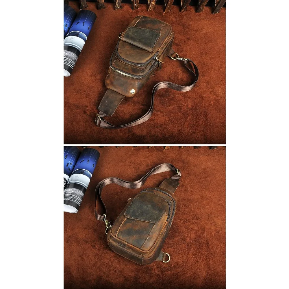 حقيبة كروس جلدية للرجال للتنزه في الهواء الطلق مع حمالة صدر وحزام كتف واحد للسفر وإكسسوارات الشاي