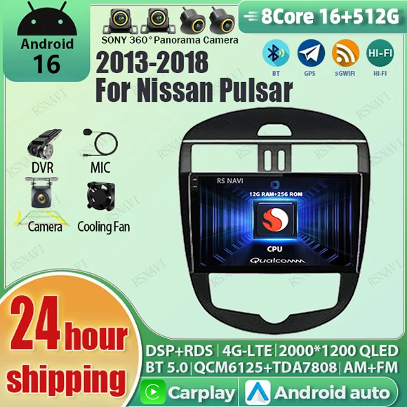 Android 16 Carplay Auto Qualcomm 2K QLED Bildschirm Autoradio für Nissan Pulsar 2013 - 2018 GPS Stereo Wifi BT 4G Navigation