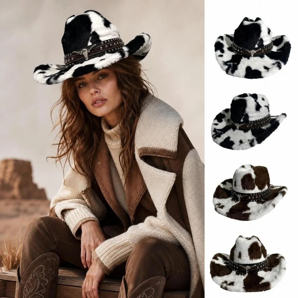 Rivet Strap Cow Print Cowboy Hat Decorative Metal Belt Wind Resistant Furry Cowboy Cap Unisex Design Wide Brim Western Hat