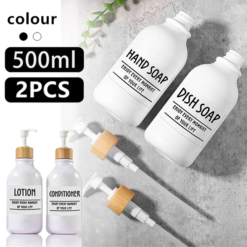 2 Pcs 16.9 OZ 500ML Soap Dispenser PET Plastic Bathroom Shampoo Conditioner Dispenser with Bamboo Pump Labels Body Washing