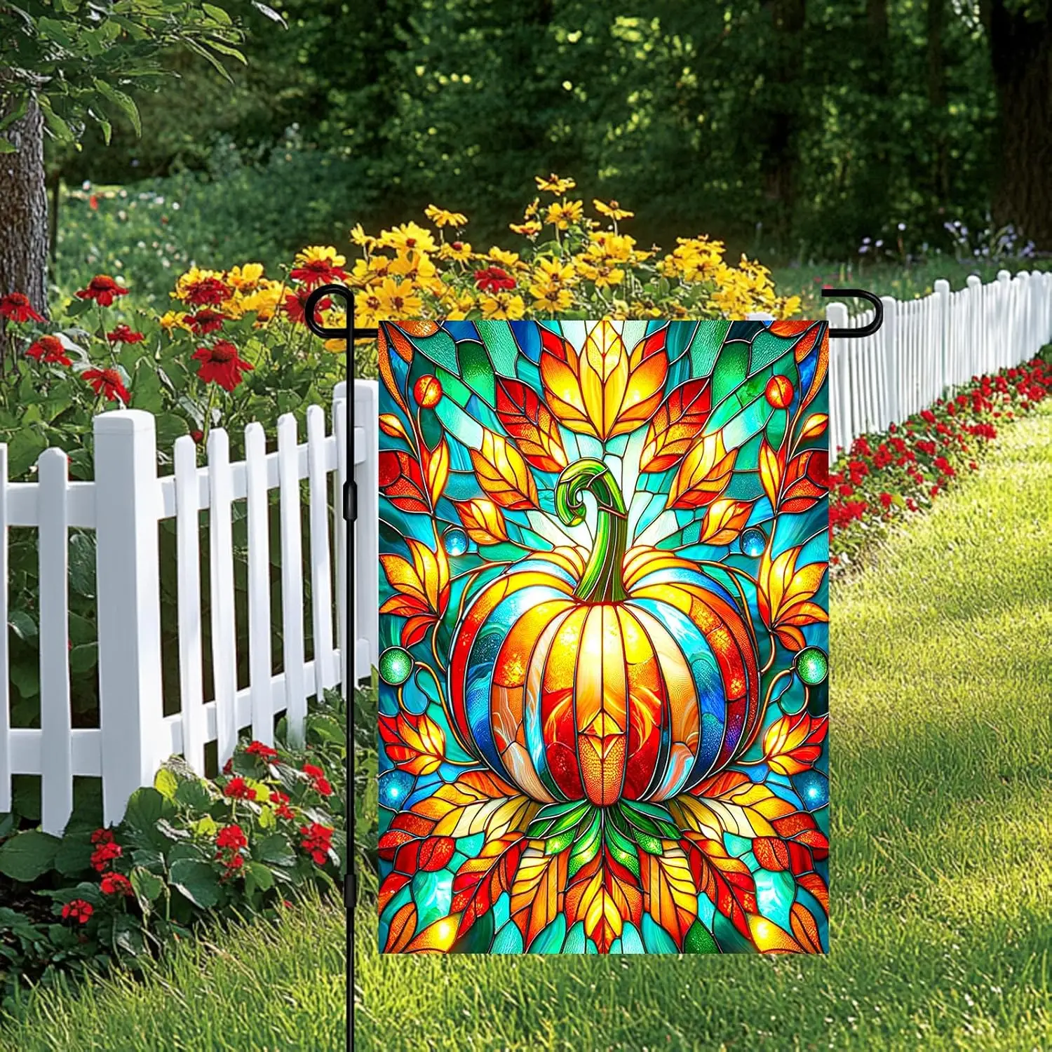 Fall Garden Flag 12x18 Inch Stained Glass Pumpkin Flag Double Sided Autumn Leaf Banner Outdoor Thanksgiving Yard Decoration  yyi