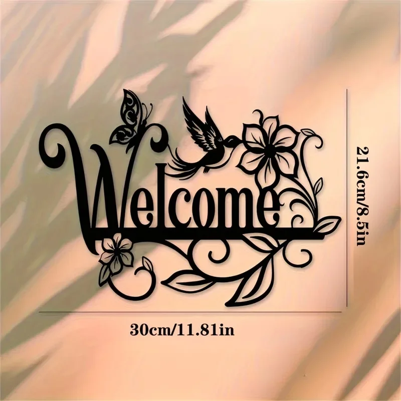 1Pc Black Iron Wall Decor Elegant Cursive Welcome Sign, Metal Floral Bird Art for Home Entryway, 1pc